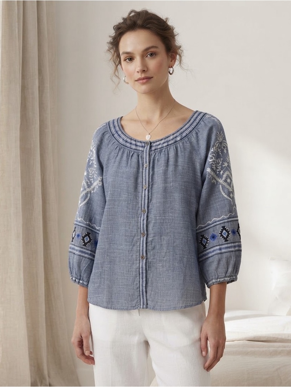 Vintage Collection Blue 100% Cotton Embroidered Boho Western Peasant Blouse XL